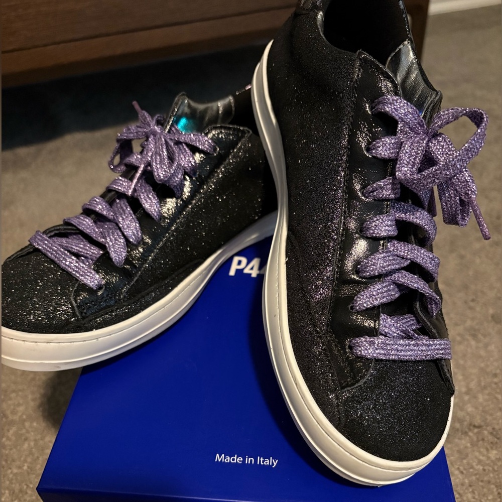 Barely worn! P448 John Black Glitter Sneakers- Includes Purple and Black Laces